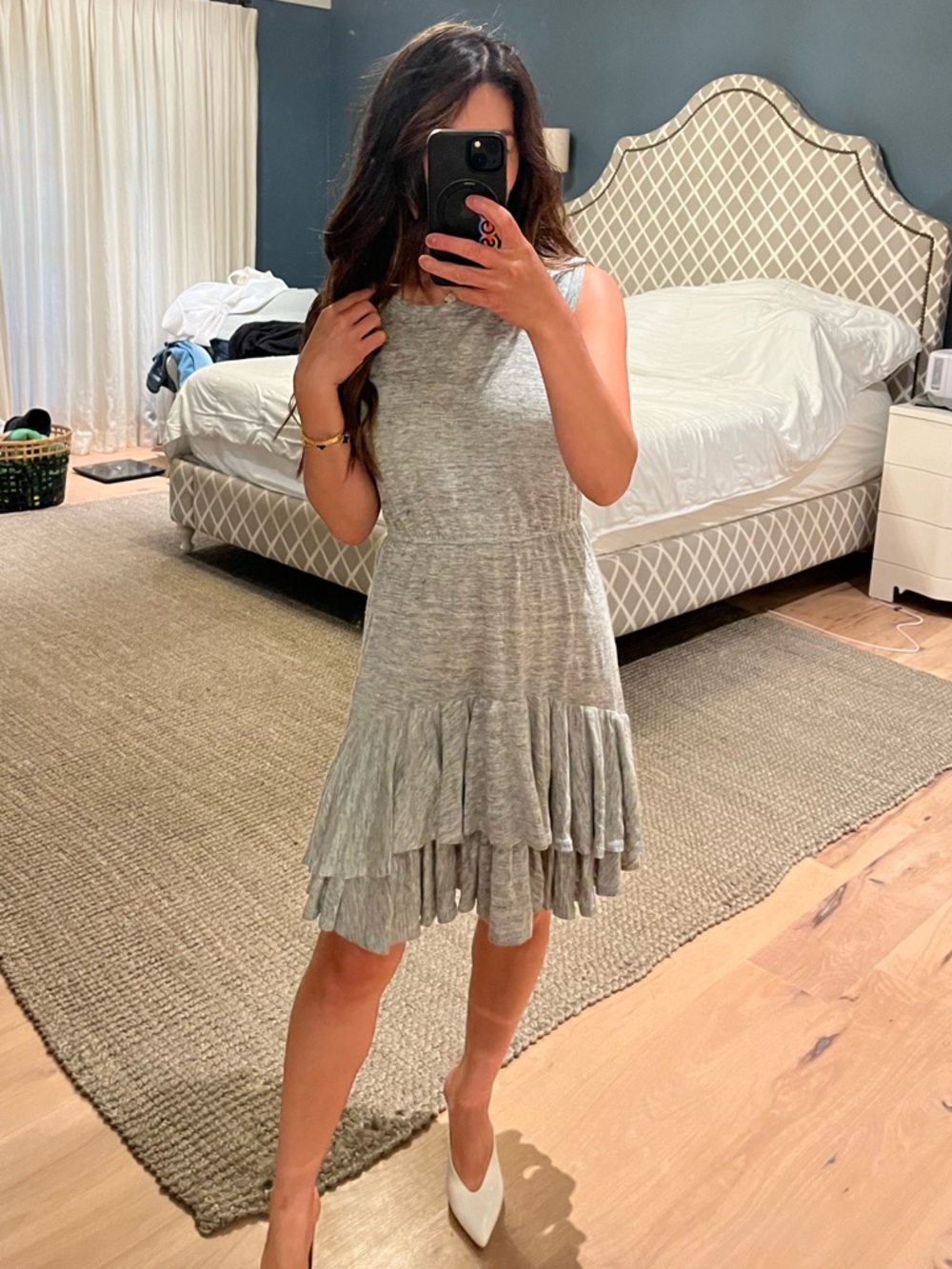Rebecca Taylor 100% Linen sleeveless Grey Ruffle Hem Dress